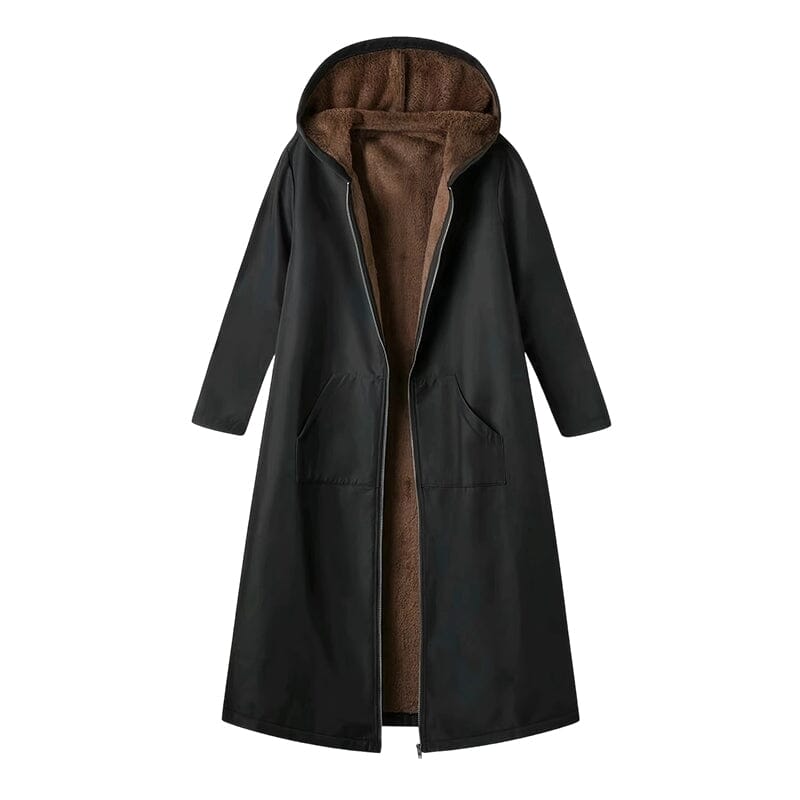 Manteau long femme doublé peluche à capuche - Noir