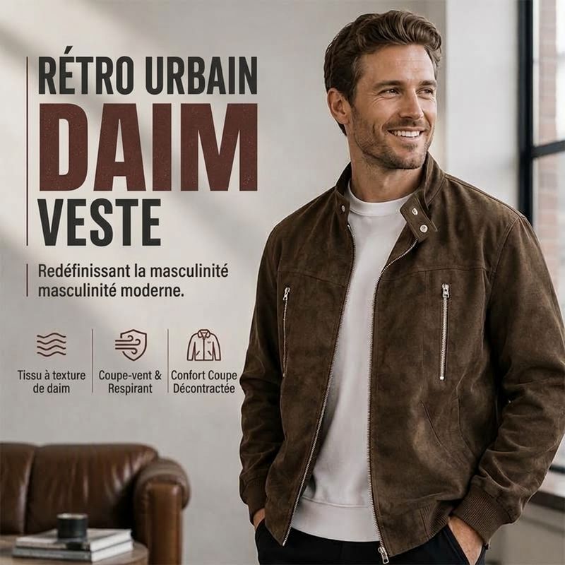Blouson homme rétro aspect daim col montant