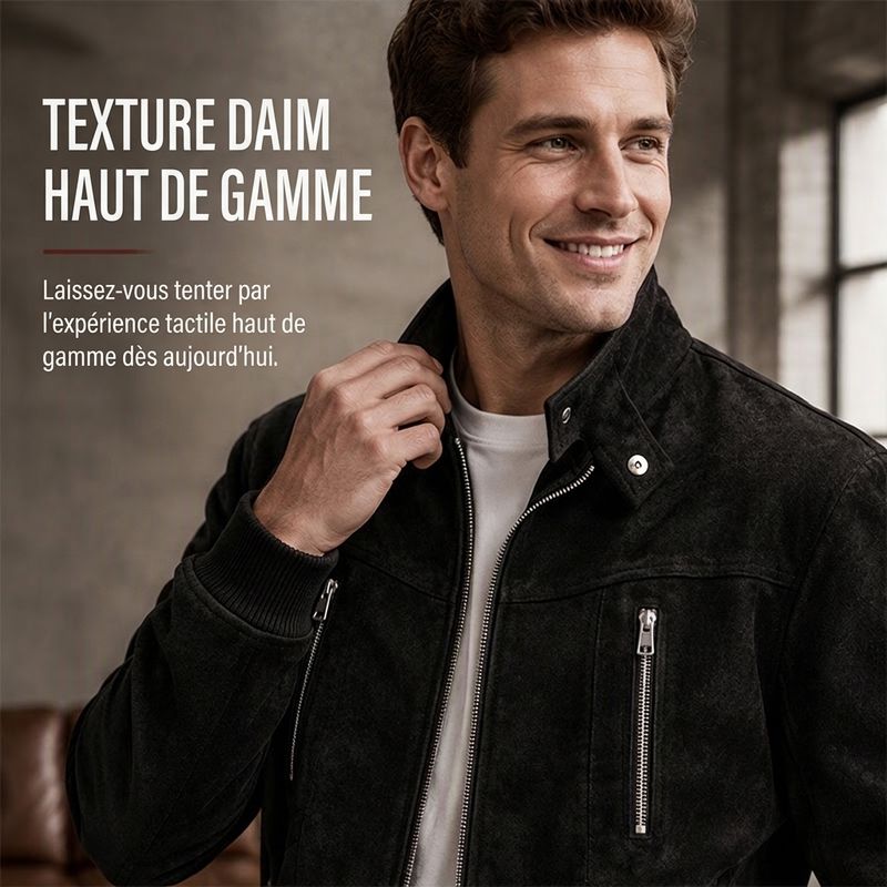 Blouson homme rétro aspect daim col montant