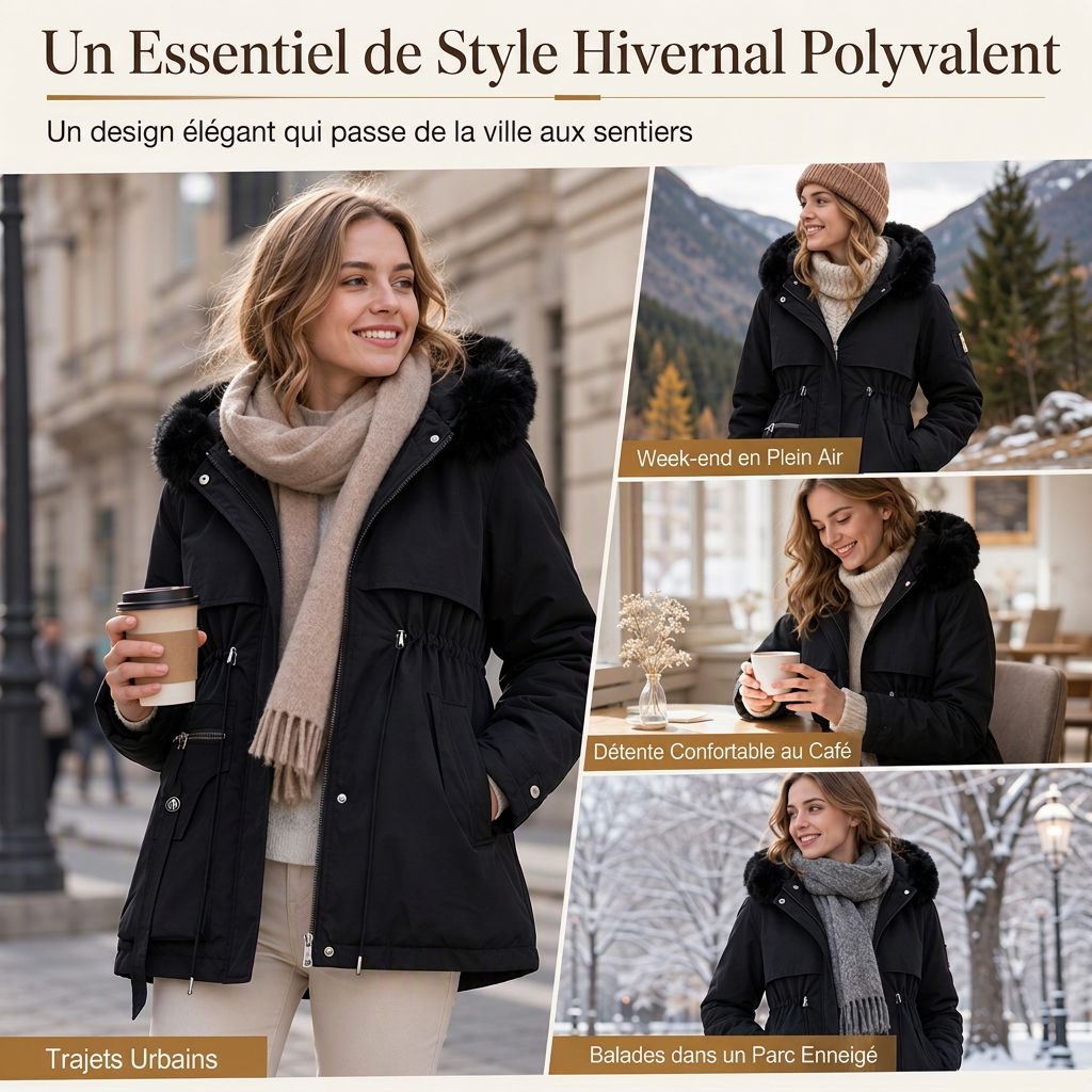 Parka femme cintrée doublée polaire capuche fausse fourrure