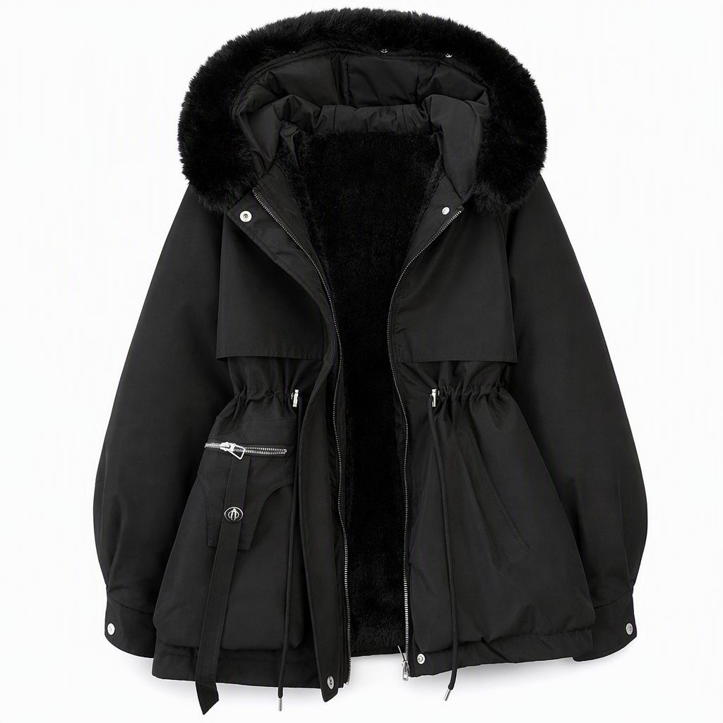 Parka femme cintrée doublée polaire capuche fausse fourrure - Noir