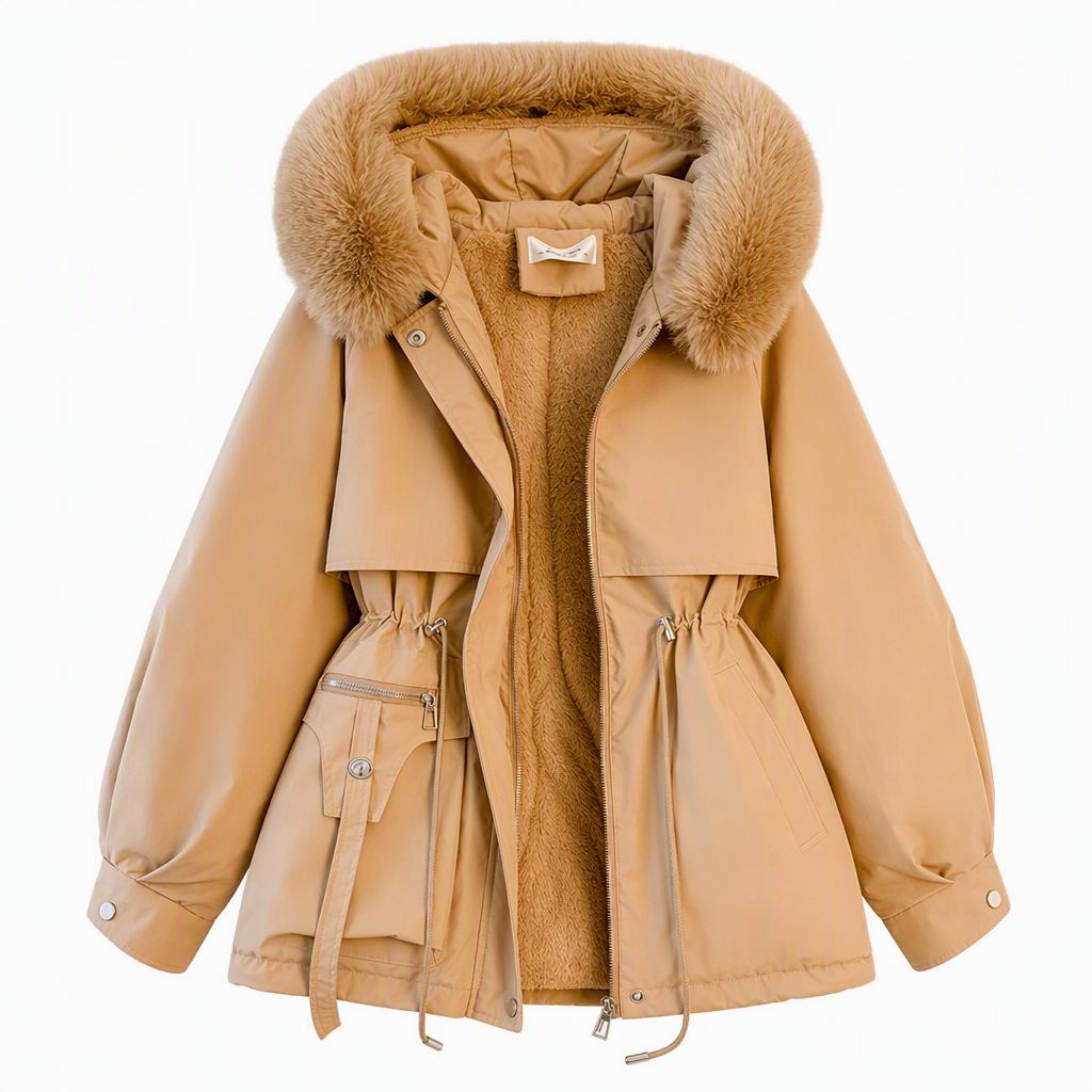 Parka femme cintrée doublée polaire capuche fausse fourrure - Kaki