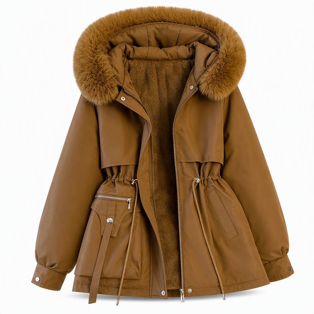 Parka femme cintrée doublée polaire capuche fausse fourrure - Marron