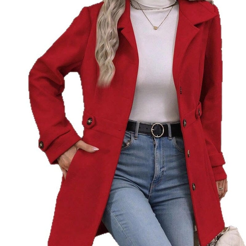 Manteau cintré femme effet laine boutonnage simple - Rouge