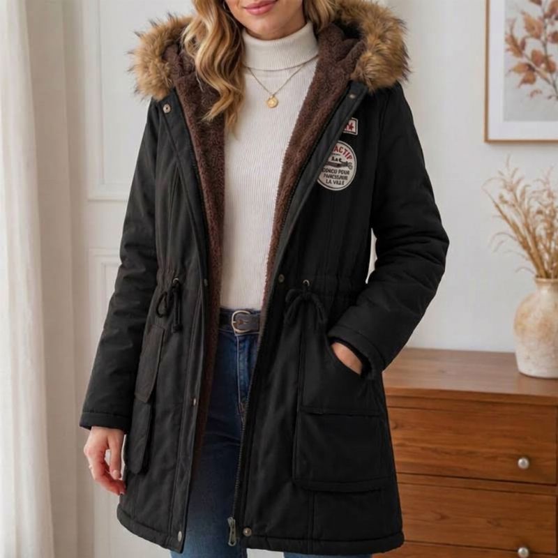Parka femme doublée peluche capuche fausse fourrure - Noir