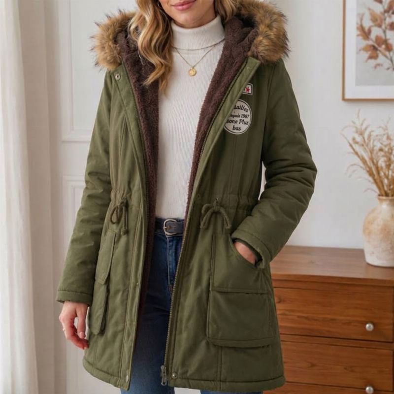 Parka femme doublée peluche capuche fausse fourrure - Vert militaire