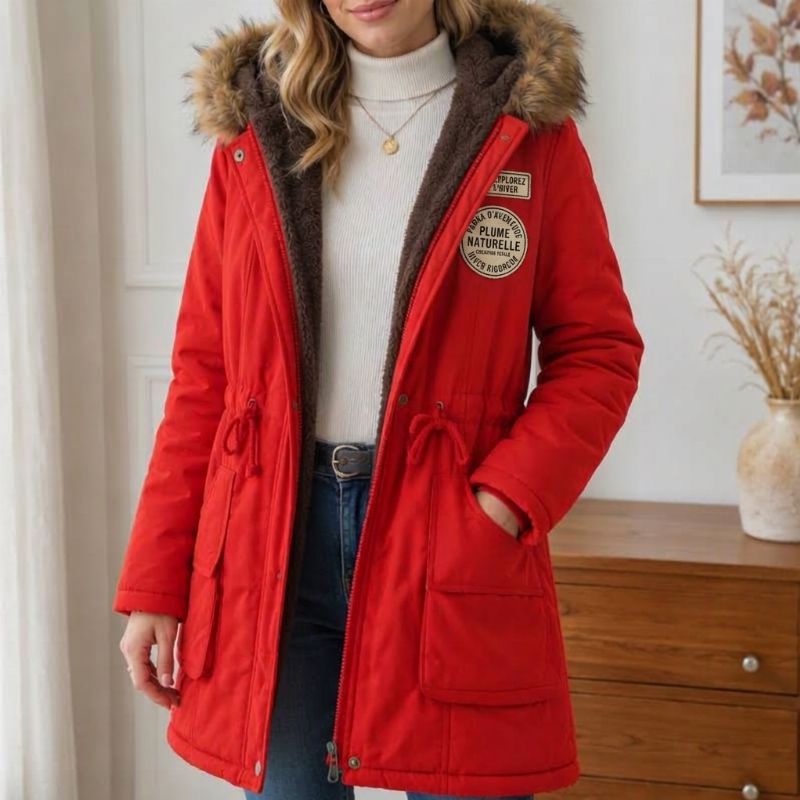 Parka femme doublée peluche capuche fausse fourrure - Rouge