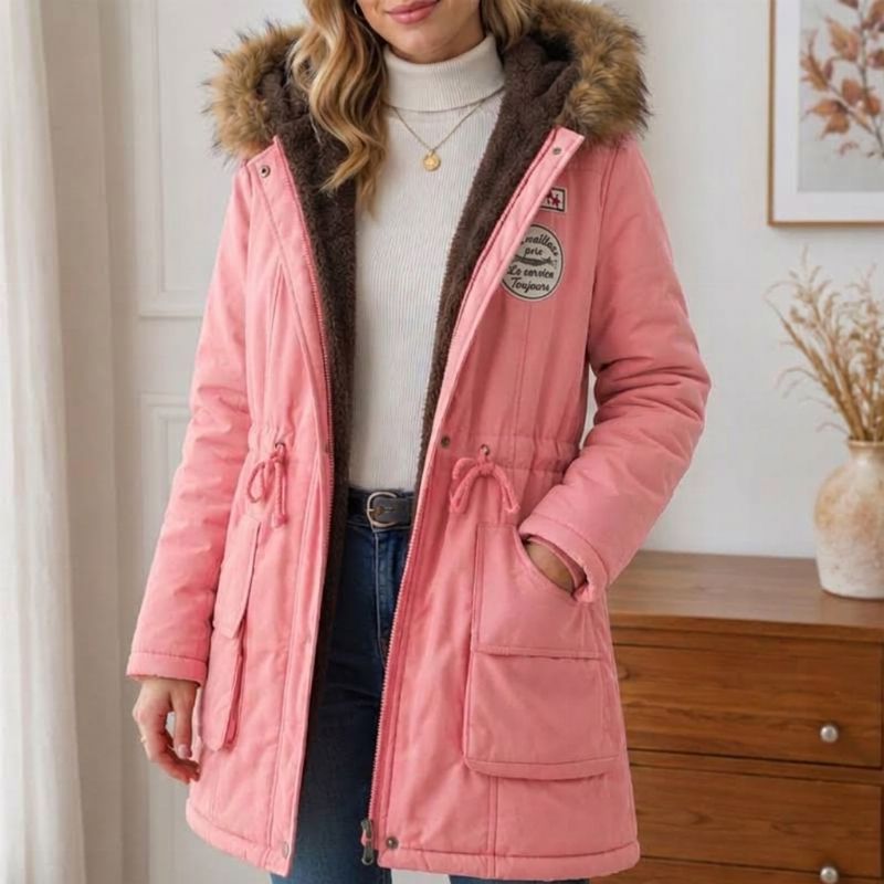 Parka femme doublée peluche capuche fausse fourrure - Rose