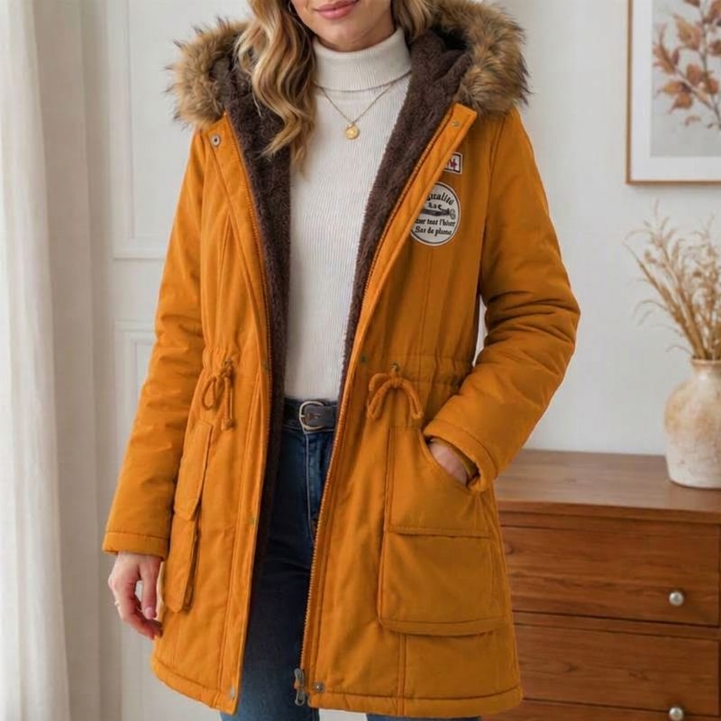 Parka femme doublée peluche capuche fausse fourrure - Jaune
