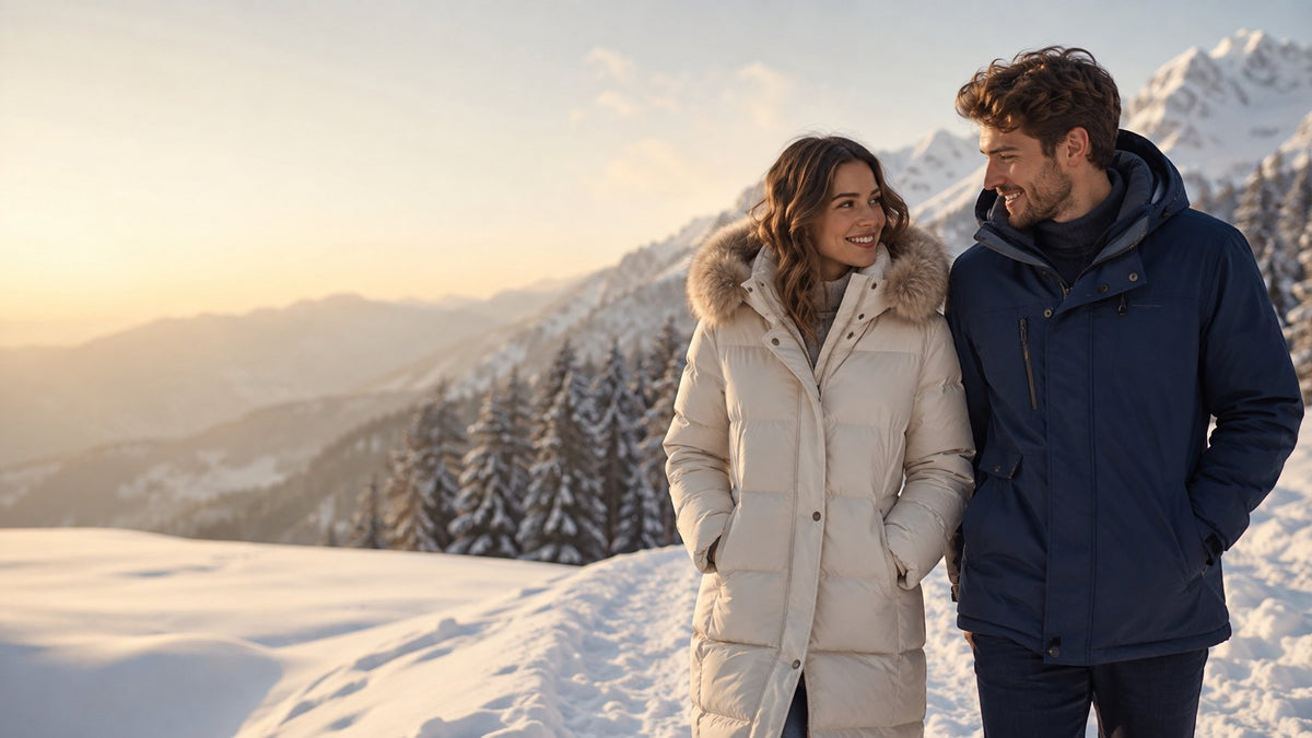 Couple en manteaux d hiver dans la neige des Alpes au coucher du soleil