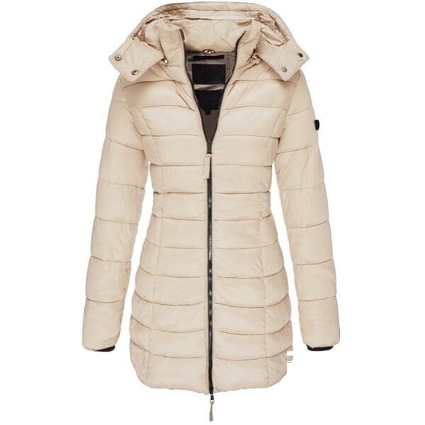 Veste matelassée mi-longue femme à capuche - Beige