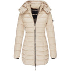 Veste matelassée mi-longue femme à capuche - Beige