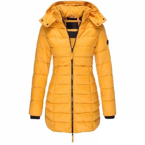 Veste matelassée mi-longue femme à capuche - Jaune