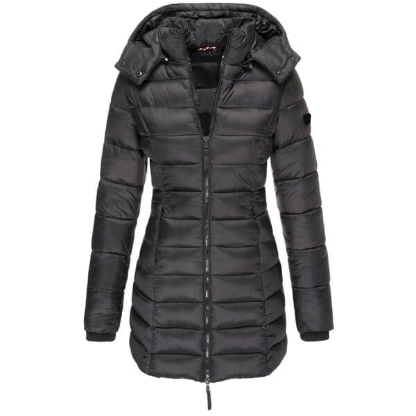 Veste matelassée mi-longue femme à capuche - Noir